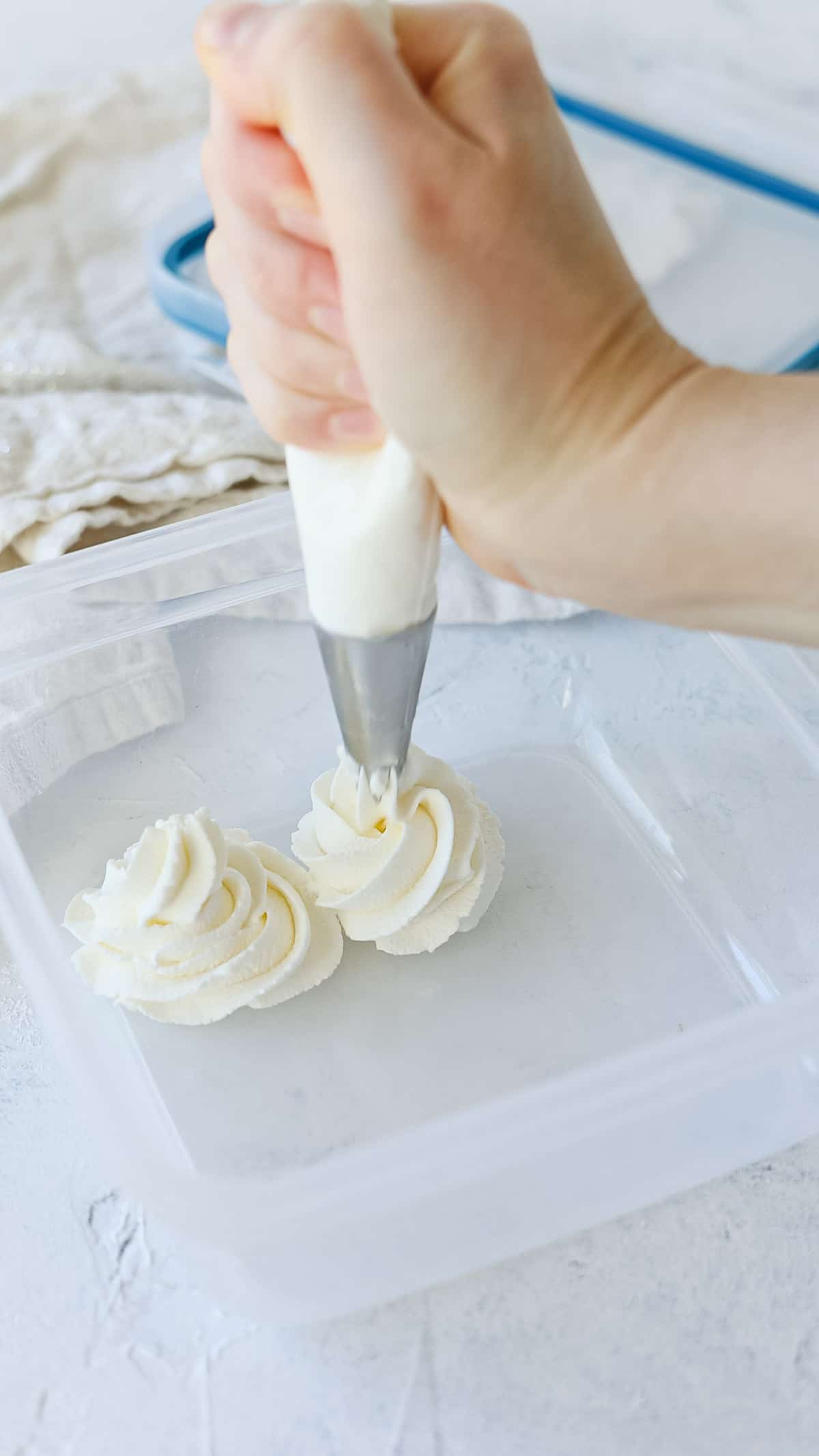 Piping whipped cream rosettes into a plastic freezer-safe container.