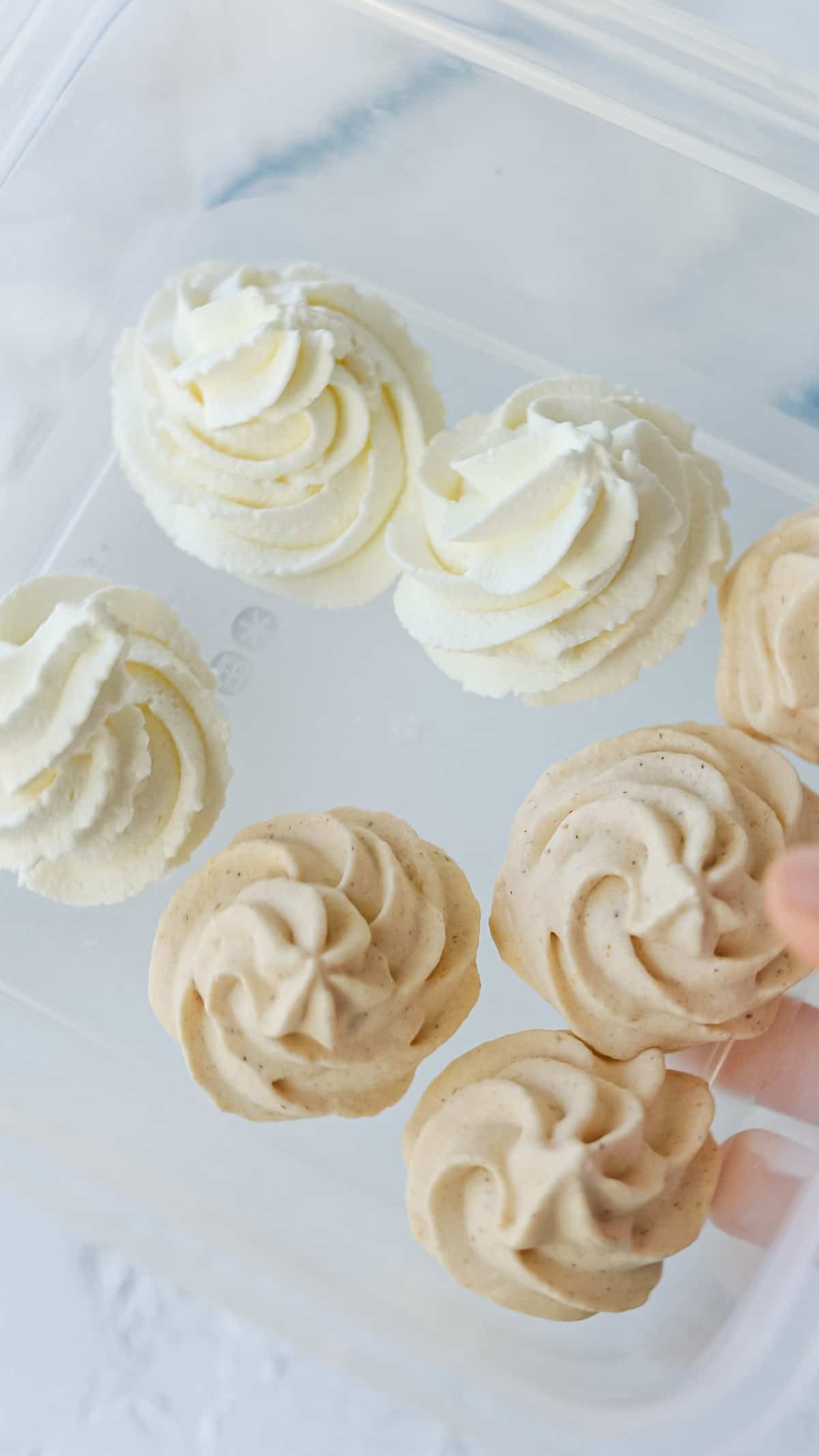 Whipped cream and pumpkin whipped cream rosettes in a plastic container.