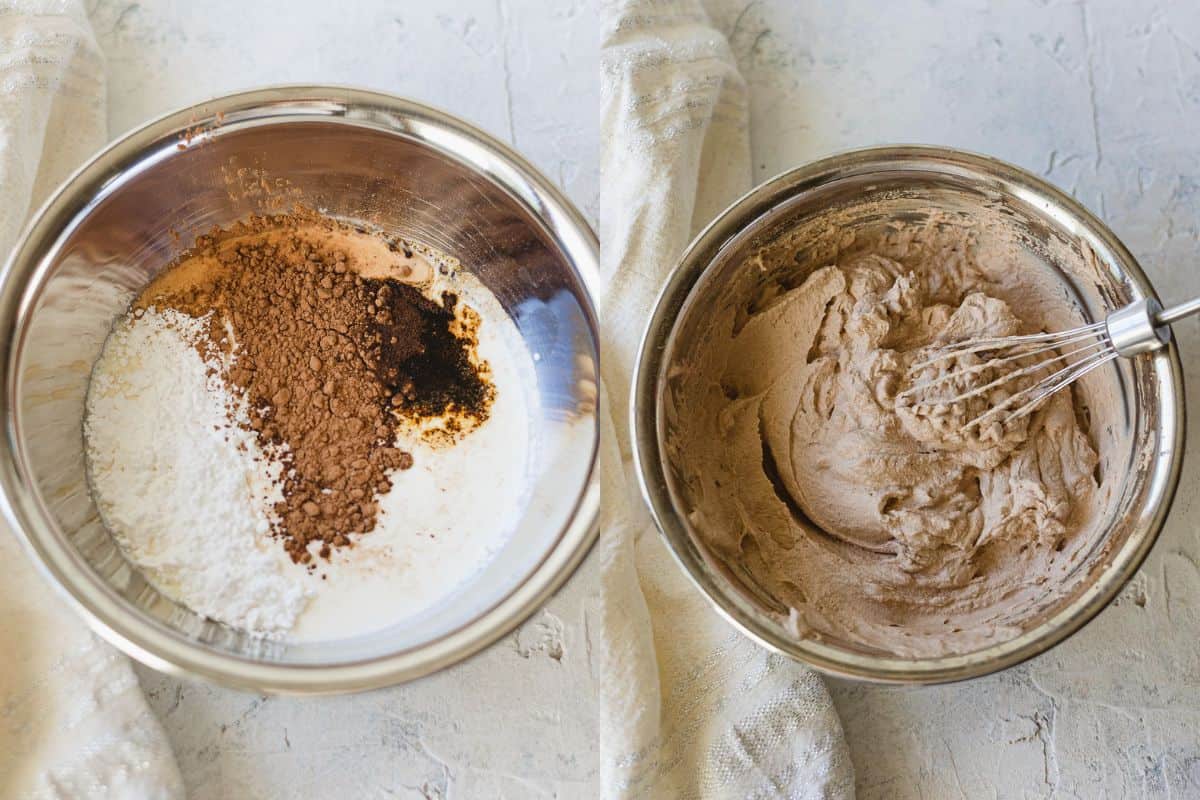 Ingredients for mocha whipped cream in a metal bowl and a bowl with the finished whipped cream.