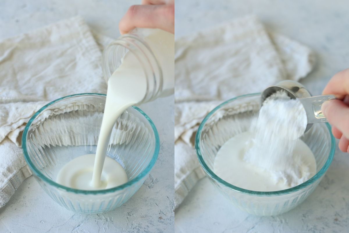 Pouring heavy cream into a bowl and pouring sugar into the heavy cream.