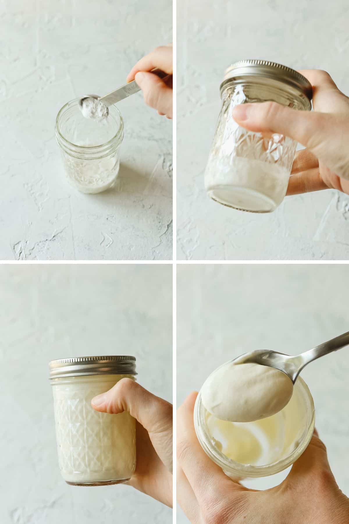 Adding ingredients to a mason jar and shaking it up to make whipped cream.