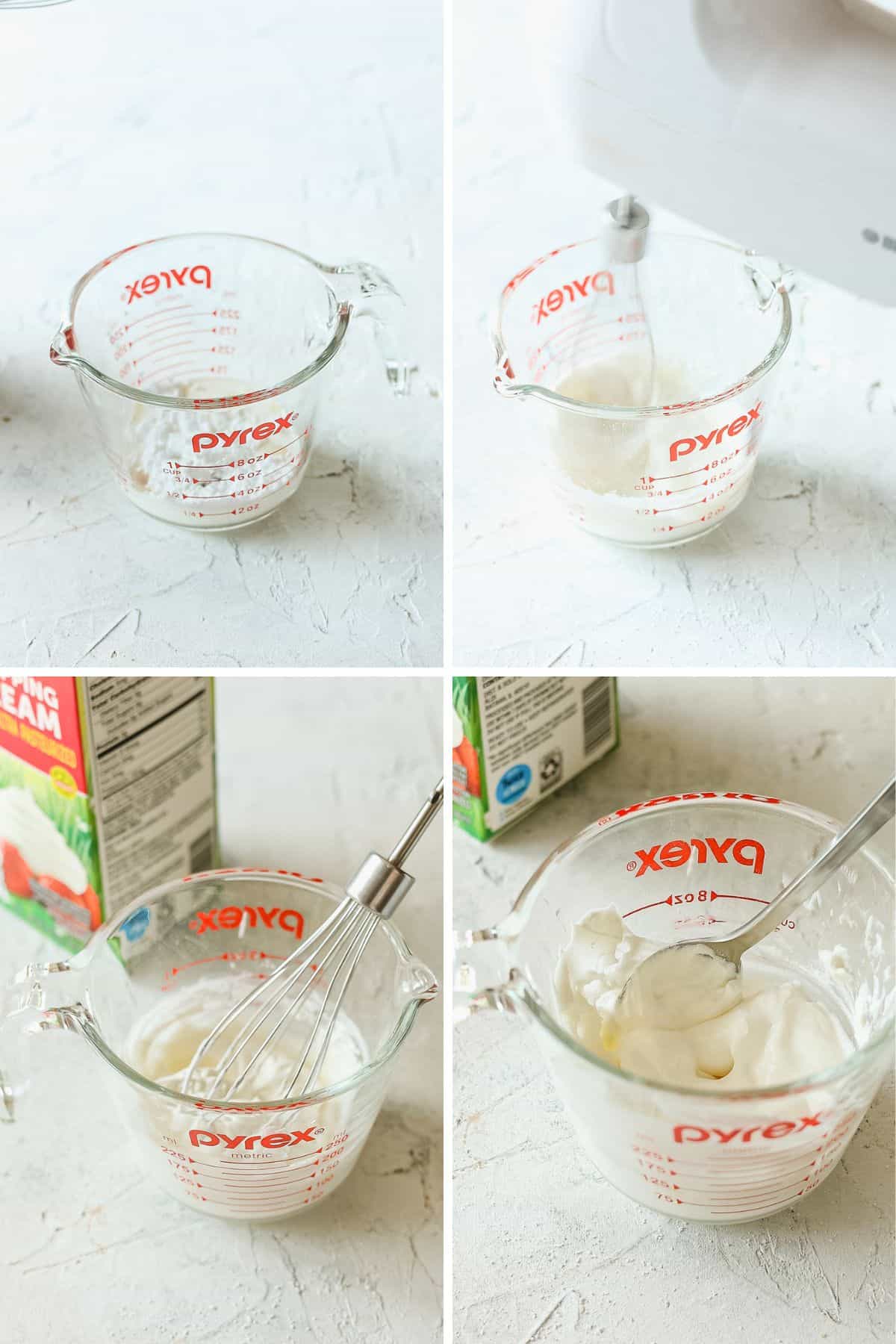 Step by step making whipped cream with a hand mixer and small glass measuring cup.