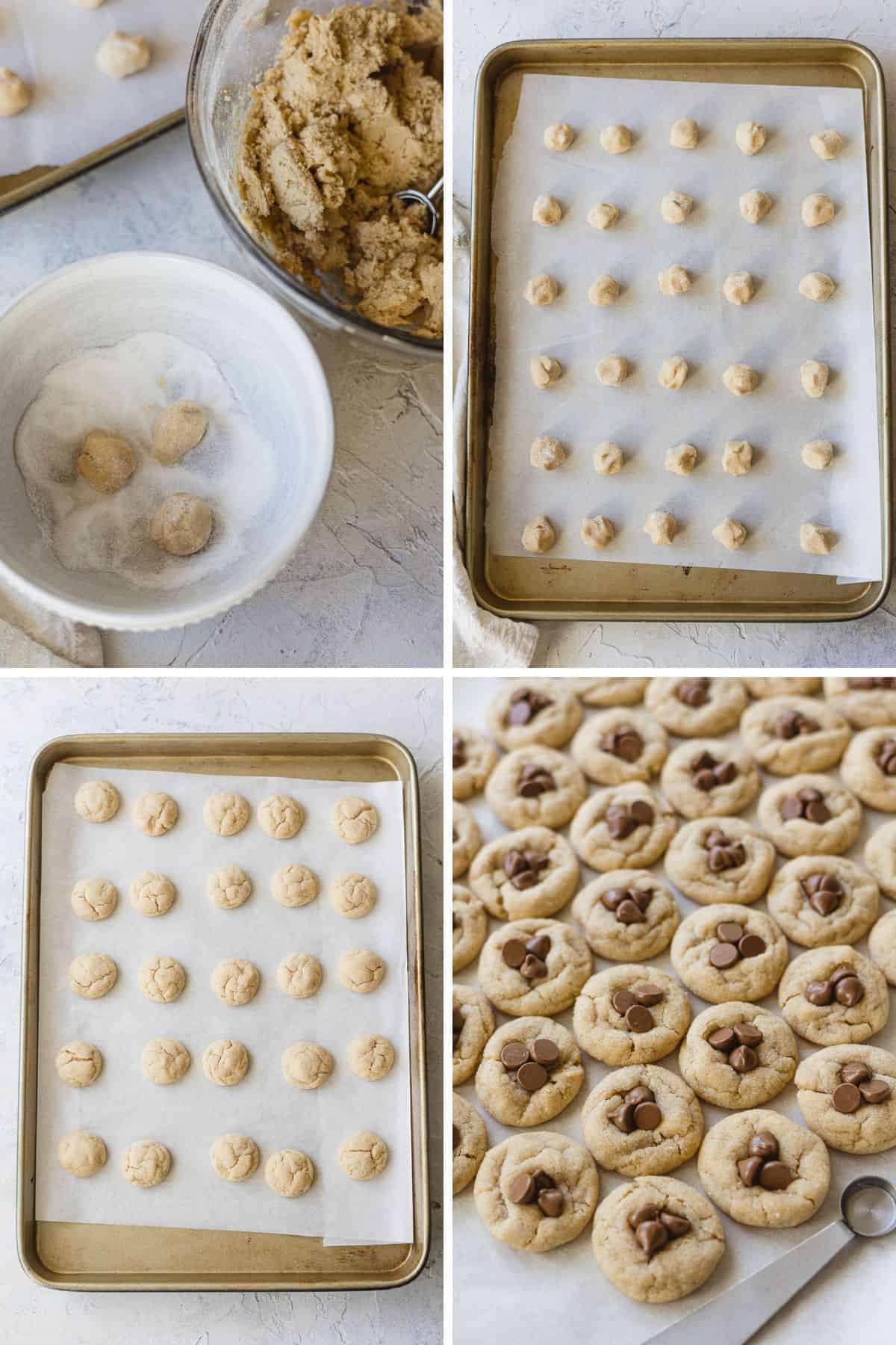 Step by step of mini peanut butter blossom cookies: rolling the dough in sugar, arranging on baking sheet, baked cookies, and baked cookies with chocolate chips in centers.