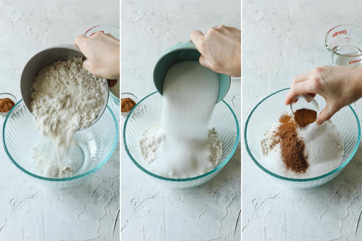 Pouring flour, salt, and pumpkin spice into a glass bowl.