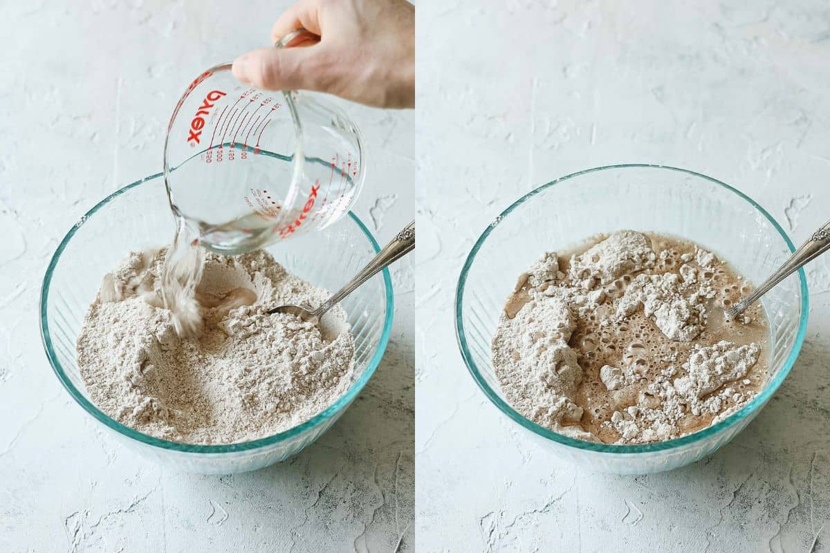 Pouring water into salt dough ingredients.