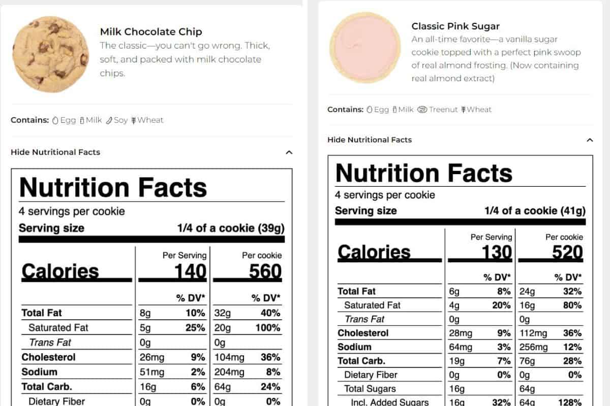 Nutrition labels for Crumbl's Milk Chocolate Chip and Classic Pink Sugar cookie.