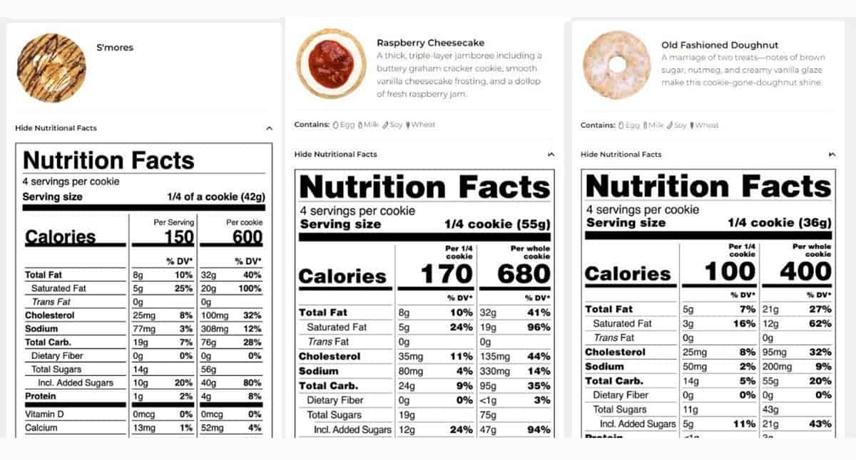 Nutrition labels for Crumbl's S'mores Cookie, Raspberry Cheesecake, and Old Fashioned Doughnut Cookies.