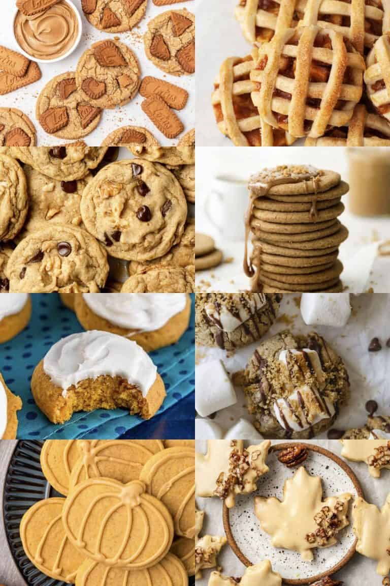 A collage of fall-themed cookies (pumpkin, maple leaf, s'mores, apple pie, Biscoff, and chocolate chip).