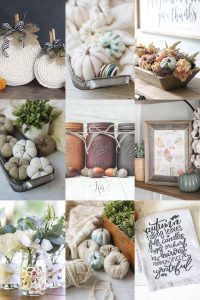 A collage of nine fall crafts including a printed tea towel, handmade pumpkins, and painted mason jars.