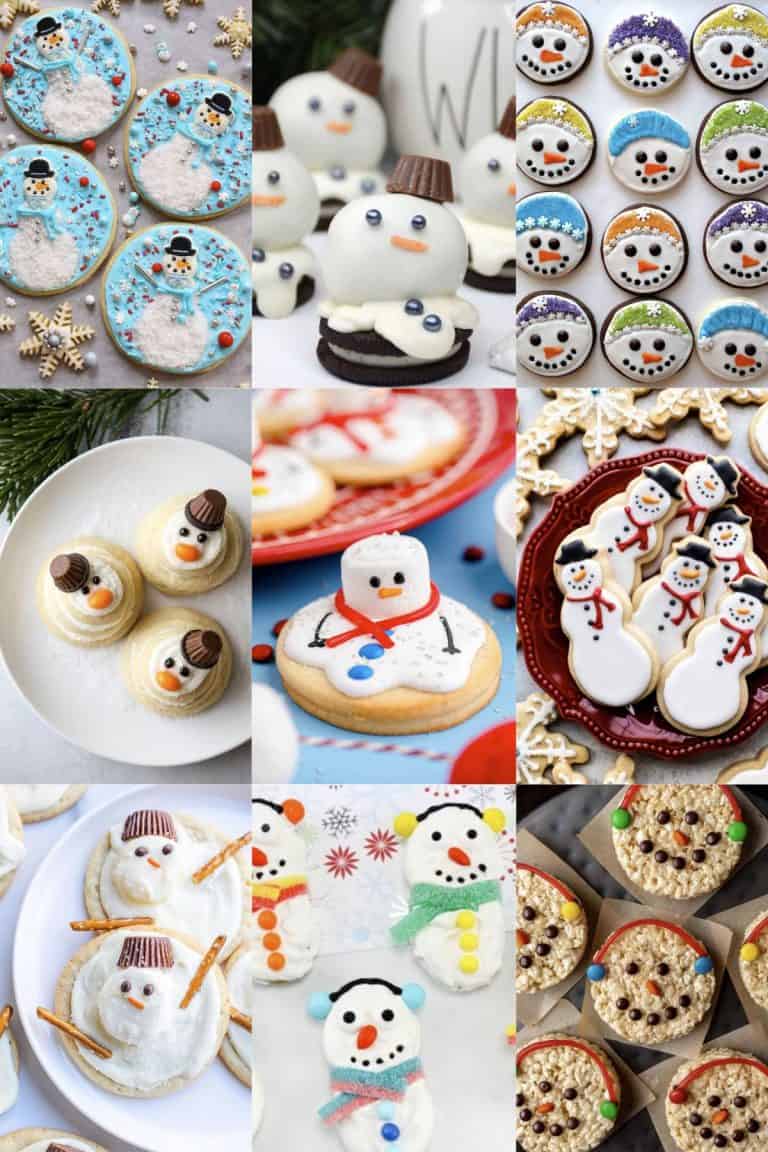 A collage of nine different types of decorated snowman cookies with frosting and candies.