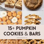 Pumpkin bars, cookies, and macarons, with the words, 15+ Pumpkin Cookies & Bars".