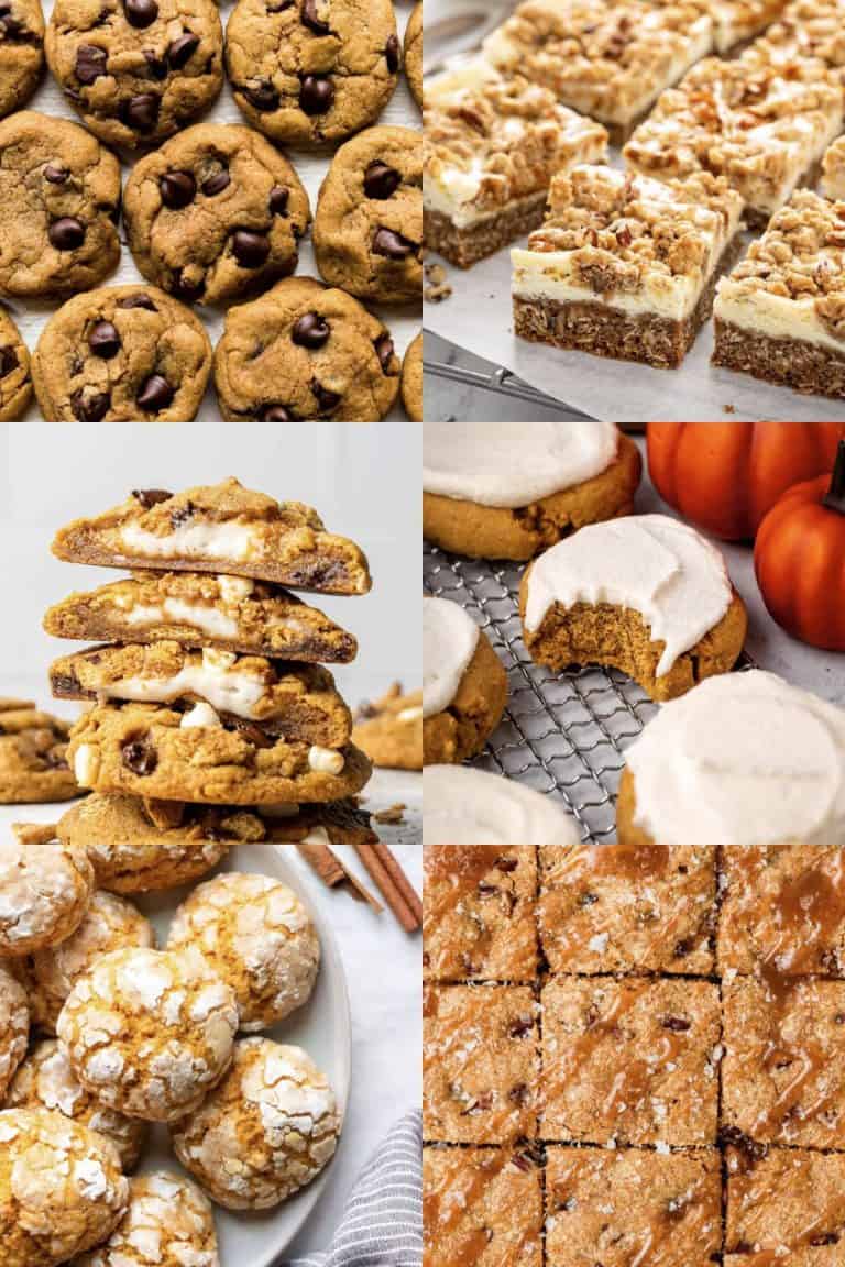 Six images of various homemade pumpkin cookies and pumpkin bars.