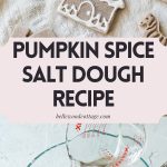 Pouring water into a bowl of salt dough ingredients and finished salt dough cutouts with the words, "Pumpkin Spice Salt Dough Recipe".