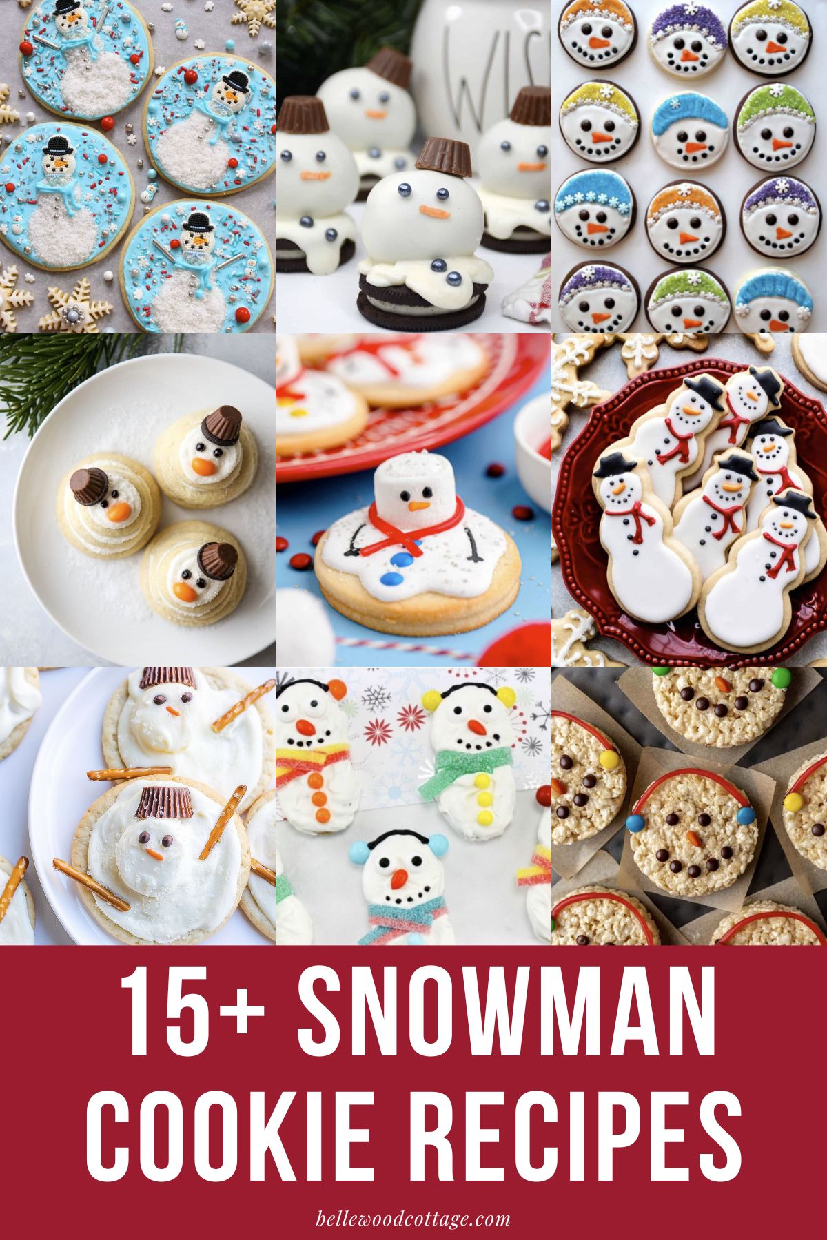 A collage of nine different types of decorated snowman cookies with the words, "15+ Snowman Cookie Recipes."