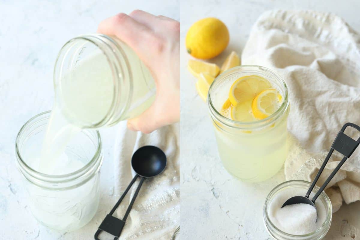 Pouring homemade lemonade over ice and the finished glass of lemonade with slices of lemon on top.