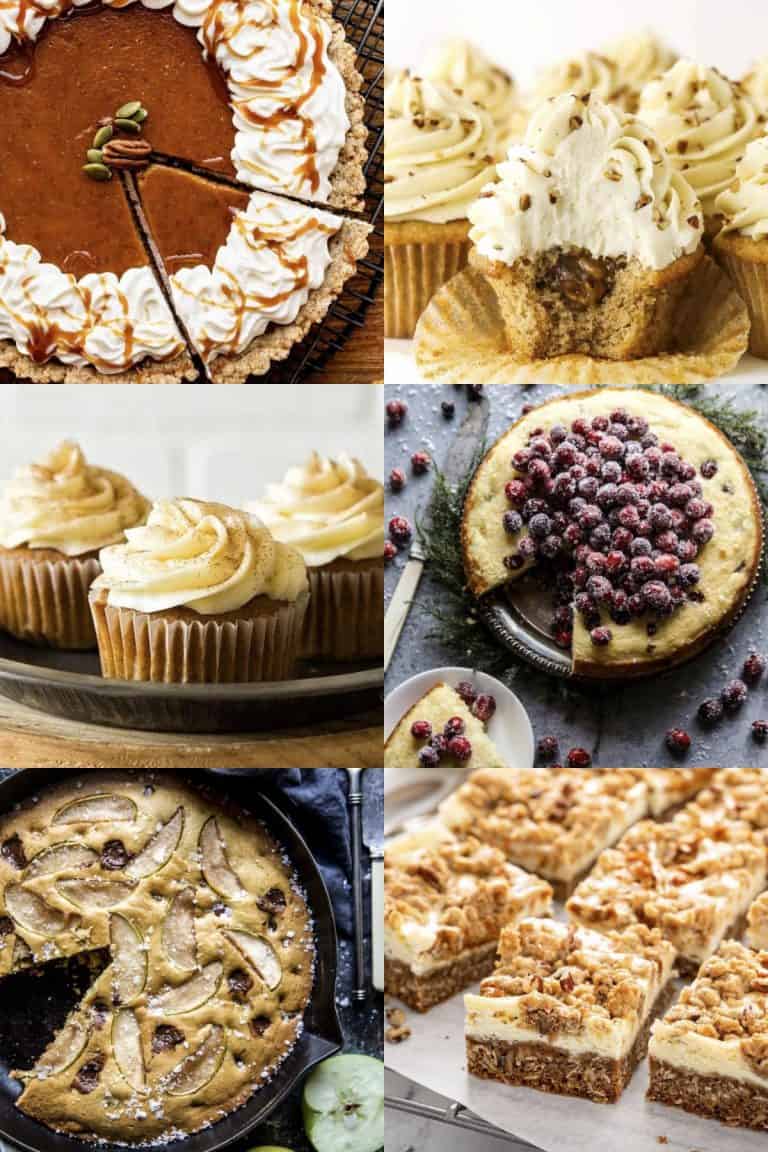 A collage of fall desserts: a pumpkin tart, pecan pie cupcakes, pumpkin cupcake, cranberry cake, apple skillet cookie, and pumpkin bars.