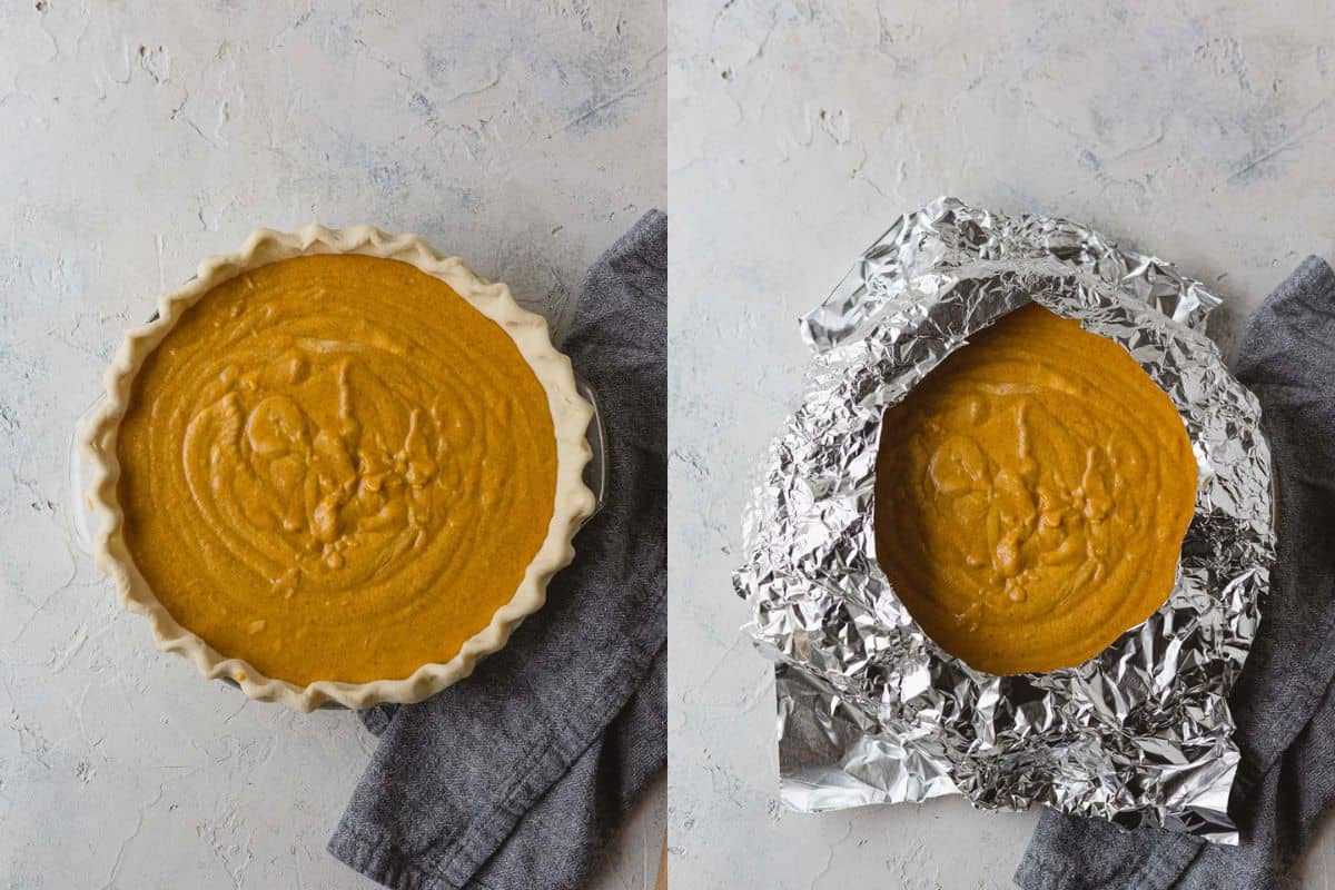 A filled pumpkin pie ready to bake and the same pie topped with a homemade tinfoil shield.