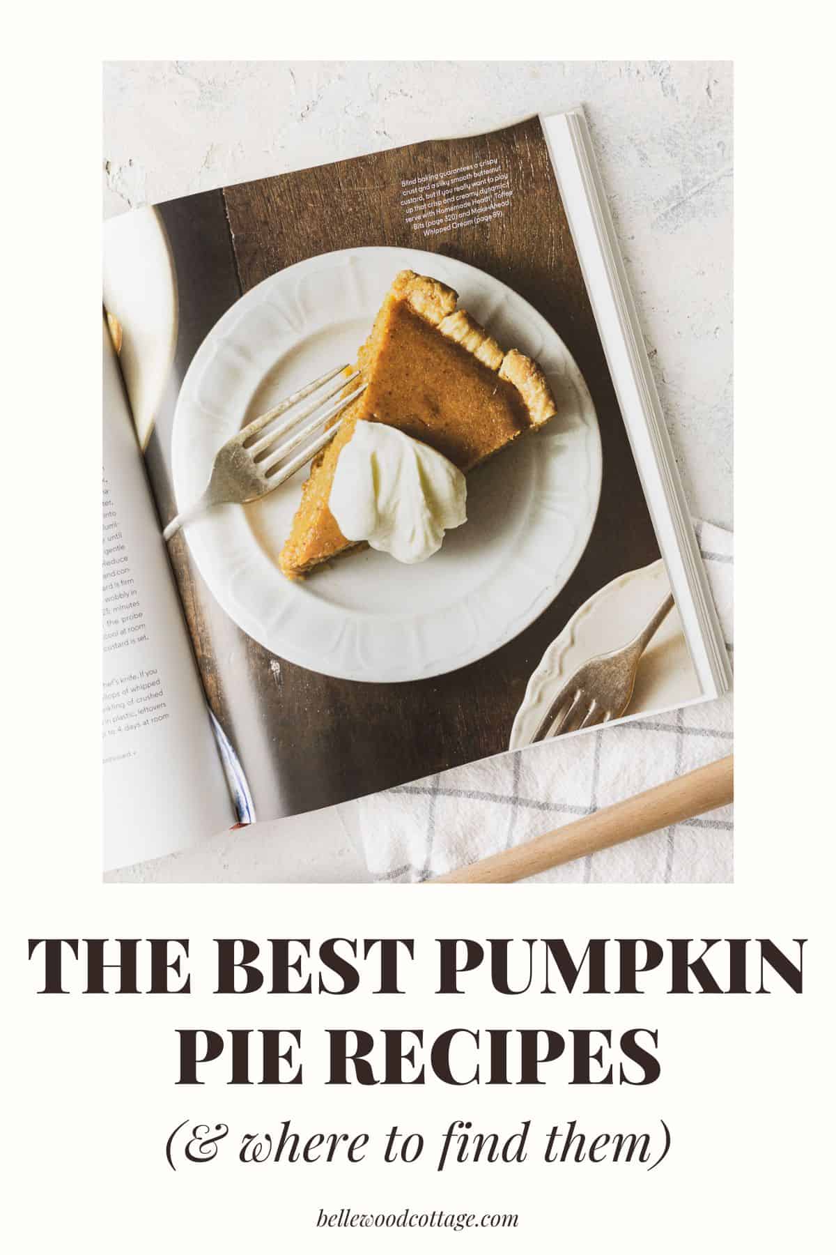 A photo of a book open to a page with a slice of pumpkin pie plus text, "The Best Pumpkin Pie Recipes (& where to find them)."