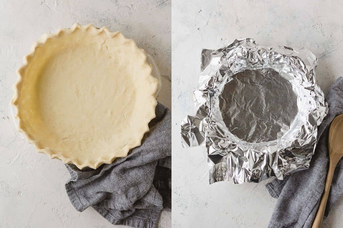 An unbaked pie crust in a pie plate and the same pie crust completely covered with a piece of tinfoil.