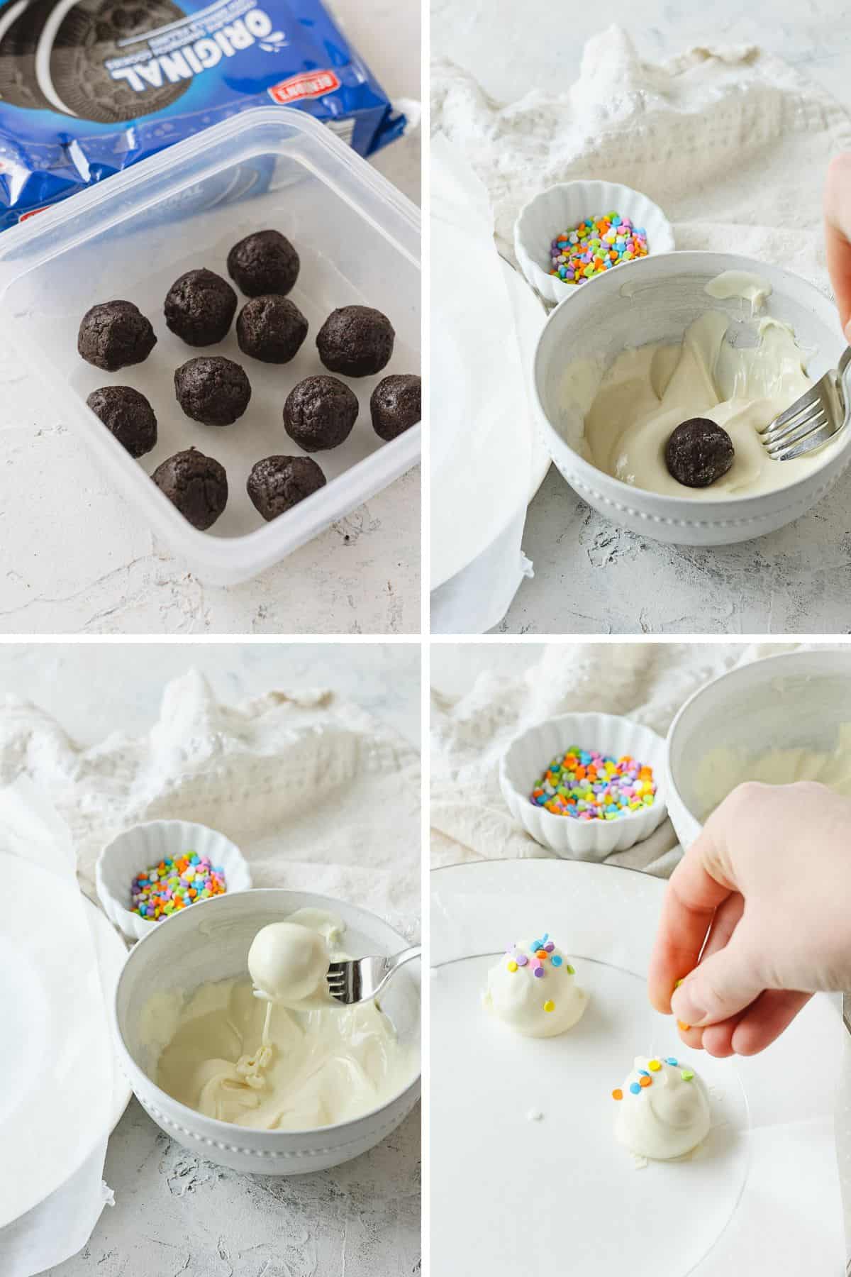 Process of dipping frozen Oreo truffles in white chocolate and adding sprinkles.