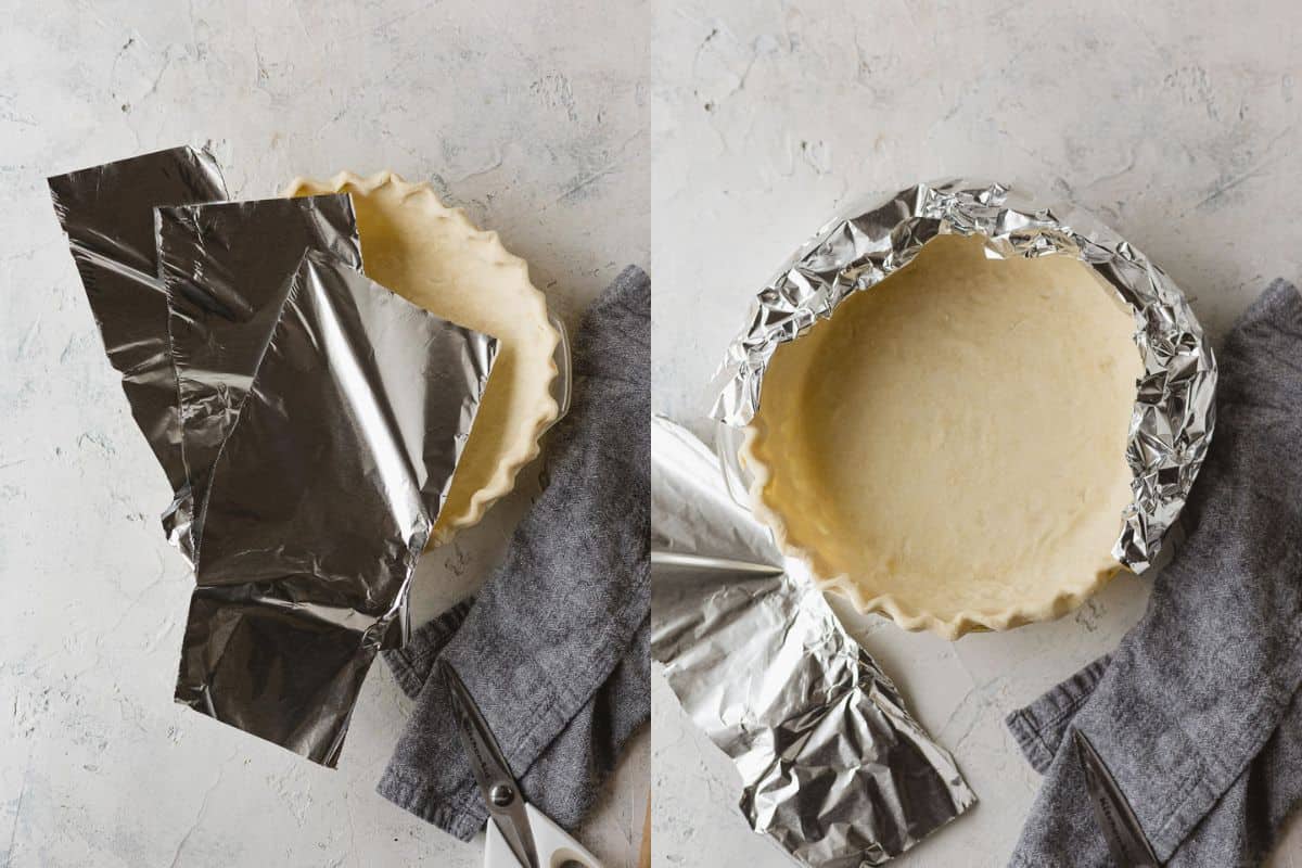 Strips of tinfoil on top of a pie crust and wrapped around a pie crust.