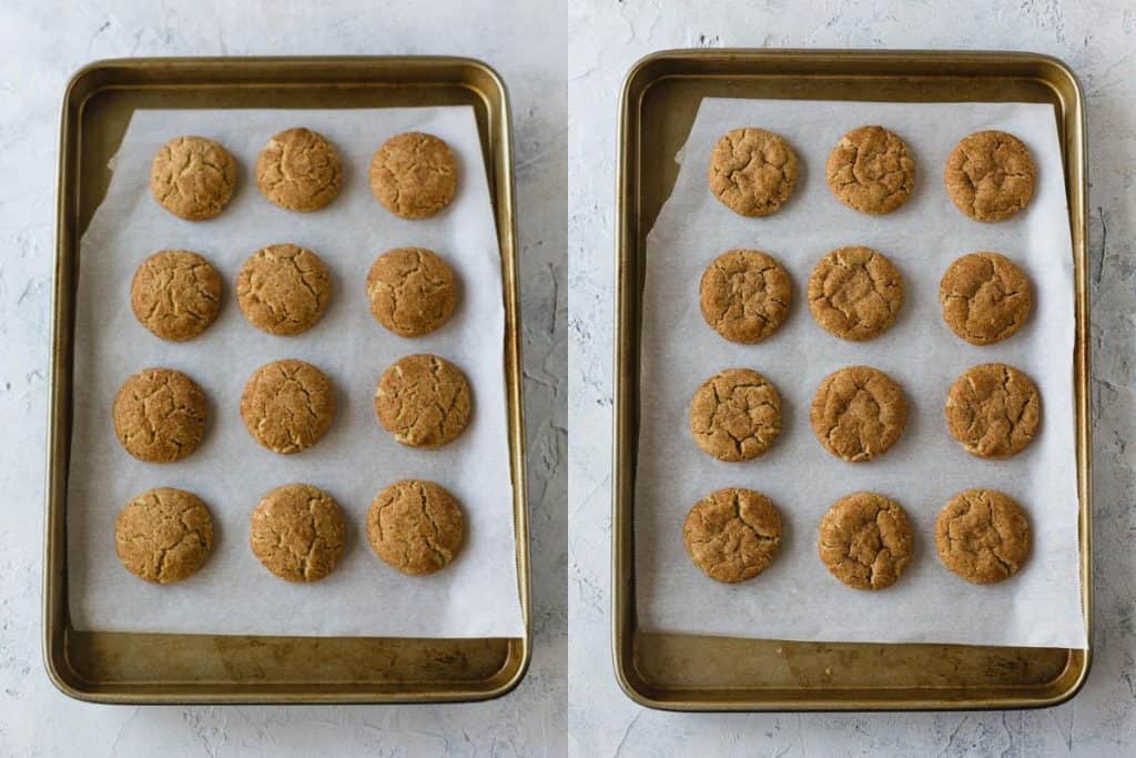 Graham cracker cookies on a baking tray both before and after cooling.