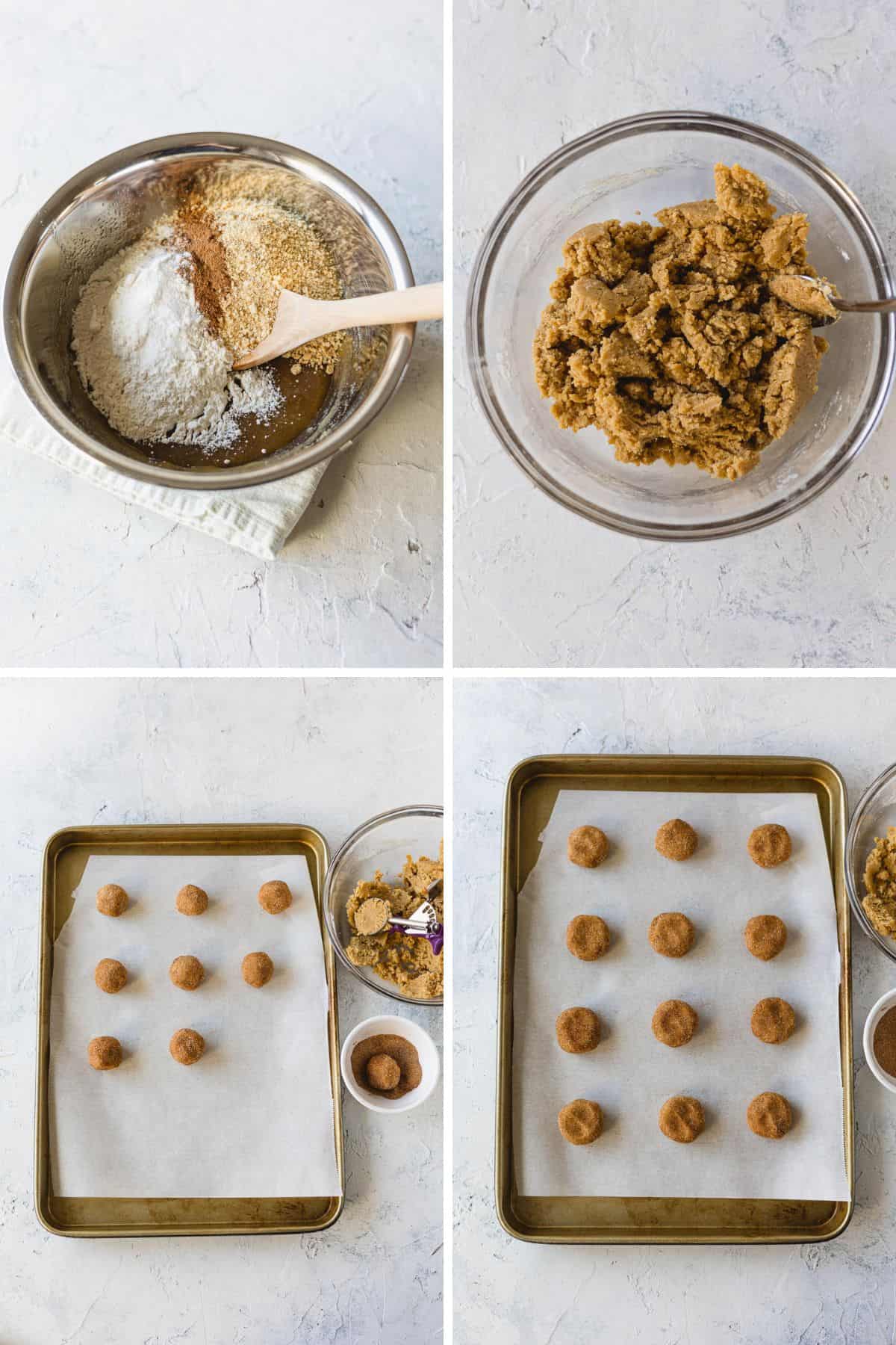 Step by step making cookies: mixing together the dough, shaping cookies, dipping in cinnamon sugar, and flattening the tops.