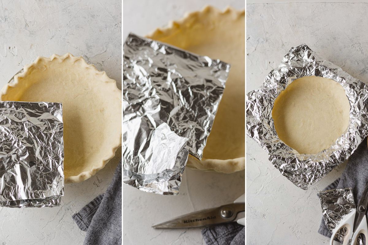 A large piece of tinfoil folded into quarters with a circle cutout and then wrapped around a pie crust for a shield.