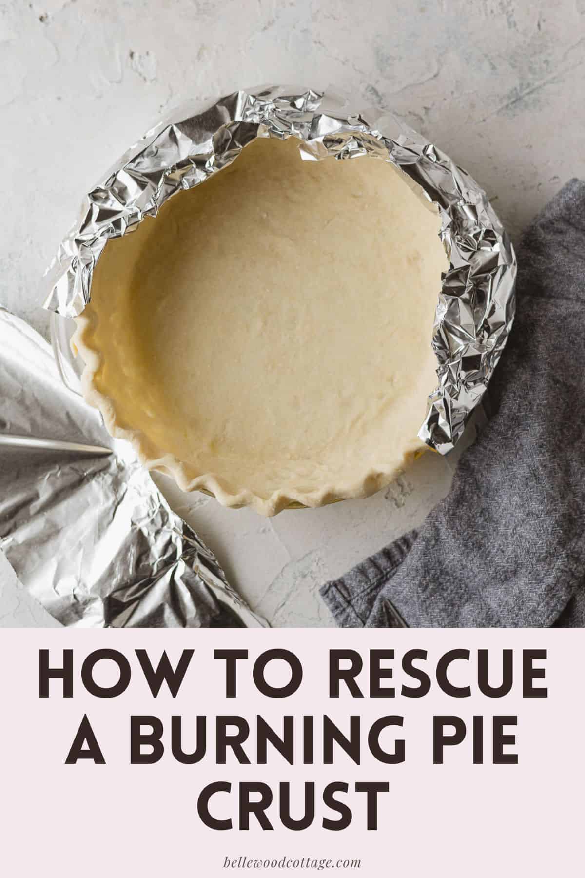 An unbaked pie crust in a pan surrounded with tinfoil with text, "How to Rescue a Burning Pie Crust".