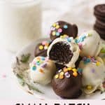 Oreo balls, one with a bite removed, with the words: "Small Batch Oreo Balls."