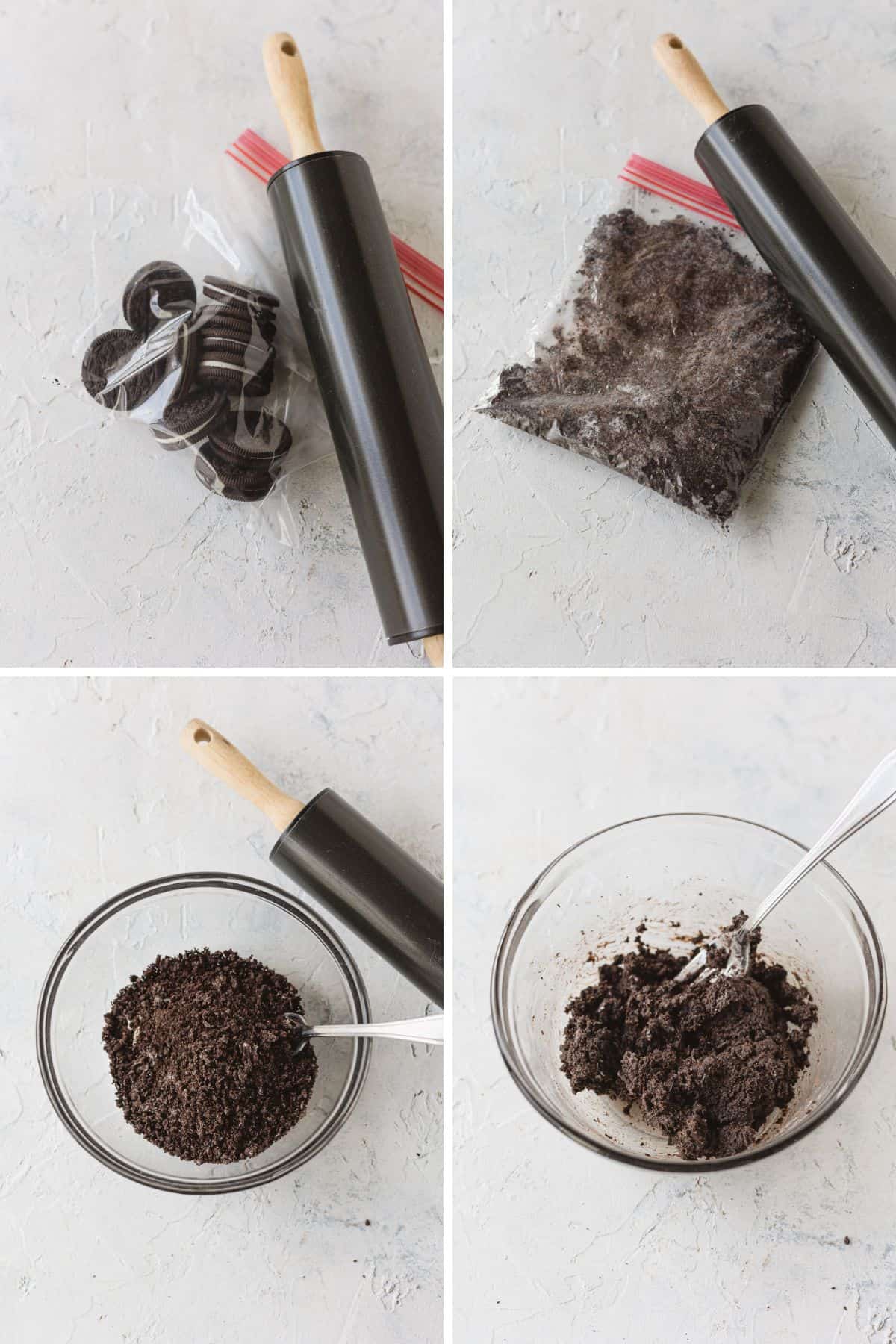 Crushing Oreos with a rolling pin, adding to a glass bowl and mixing with cream cheese.