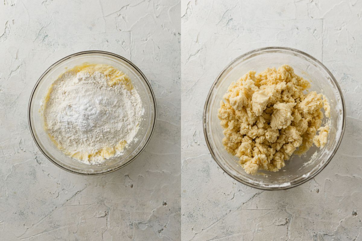 Dry ingredients added to a bowl of creamed butter and sugar and then mixed in.