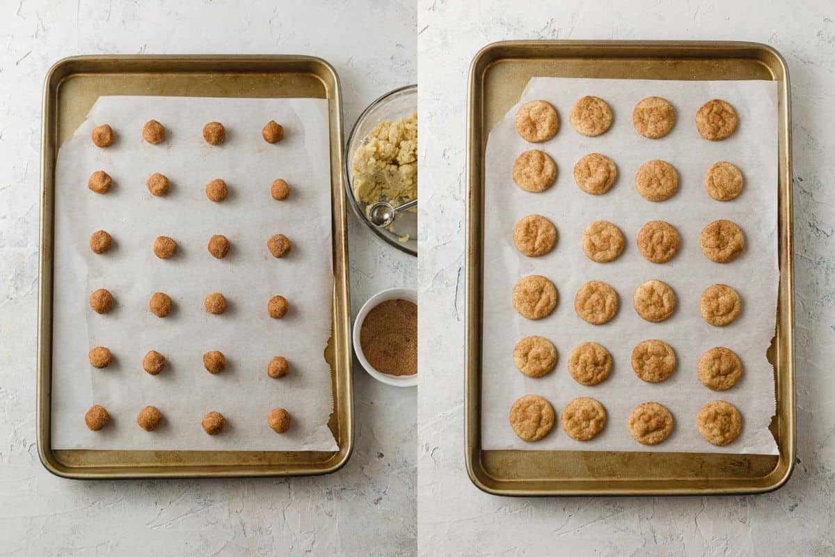 Scooped mini snickerdoodle cookies on a lined baking tray and the final baked cookies.