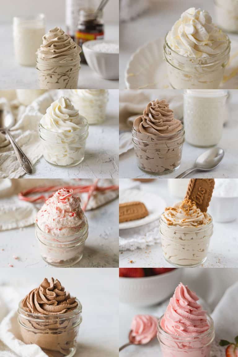 Various flavors of whipped cream piped into small mason jars.