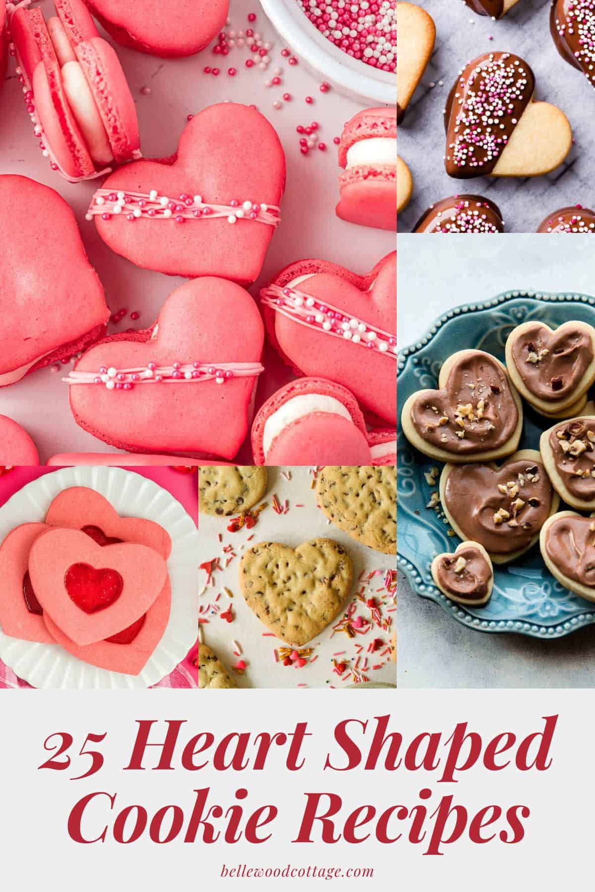 A variety of pink, red, and sugar cookies shaped like hearts with the words, "25 Heart Shaped Cookie Recipes".