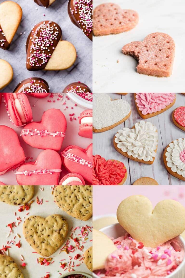 A variety of cookies shaped like hearts, such as pink macarons, sugar cookies, frosted cookies, and chocolate chip cookies.