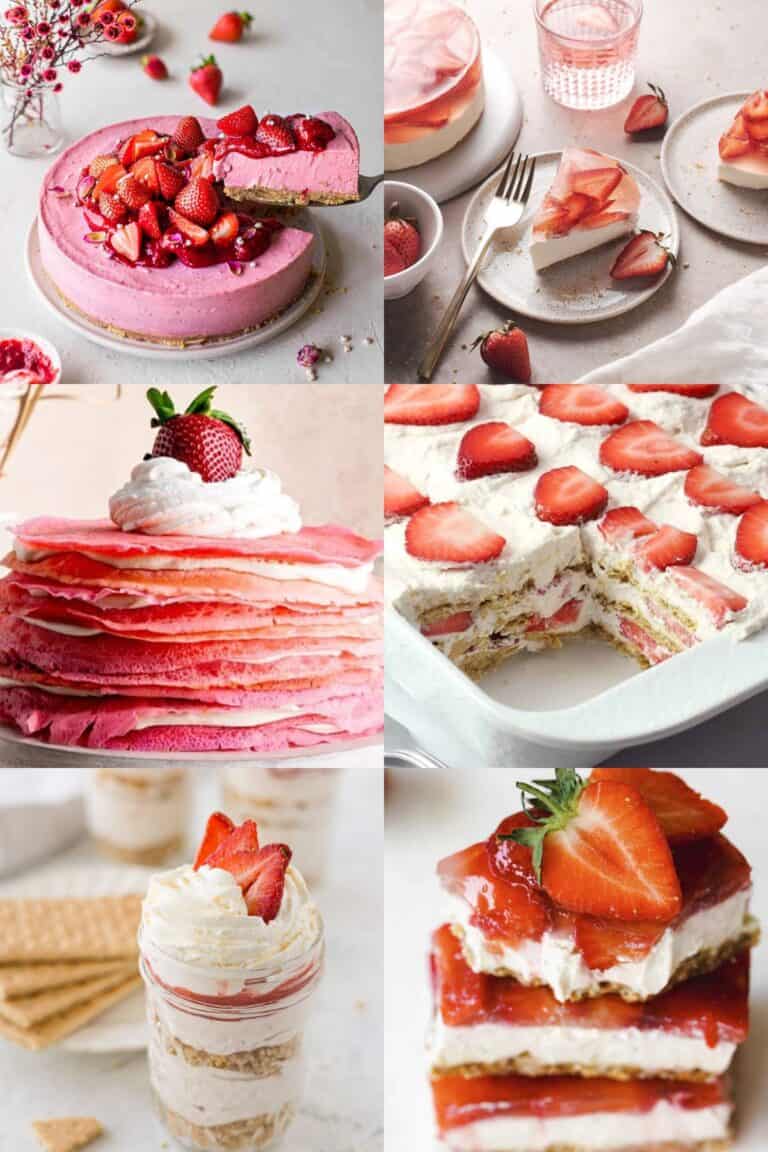 Six photos of various no bake strawberry desserts such as cheesecake and strawberry cheesecake jars.