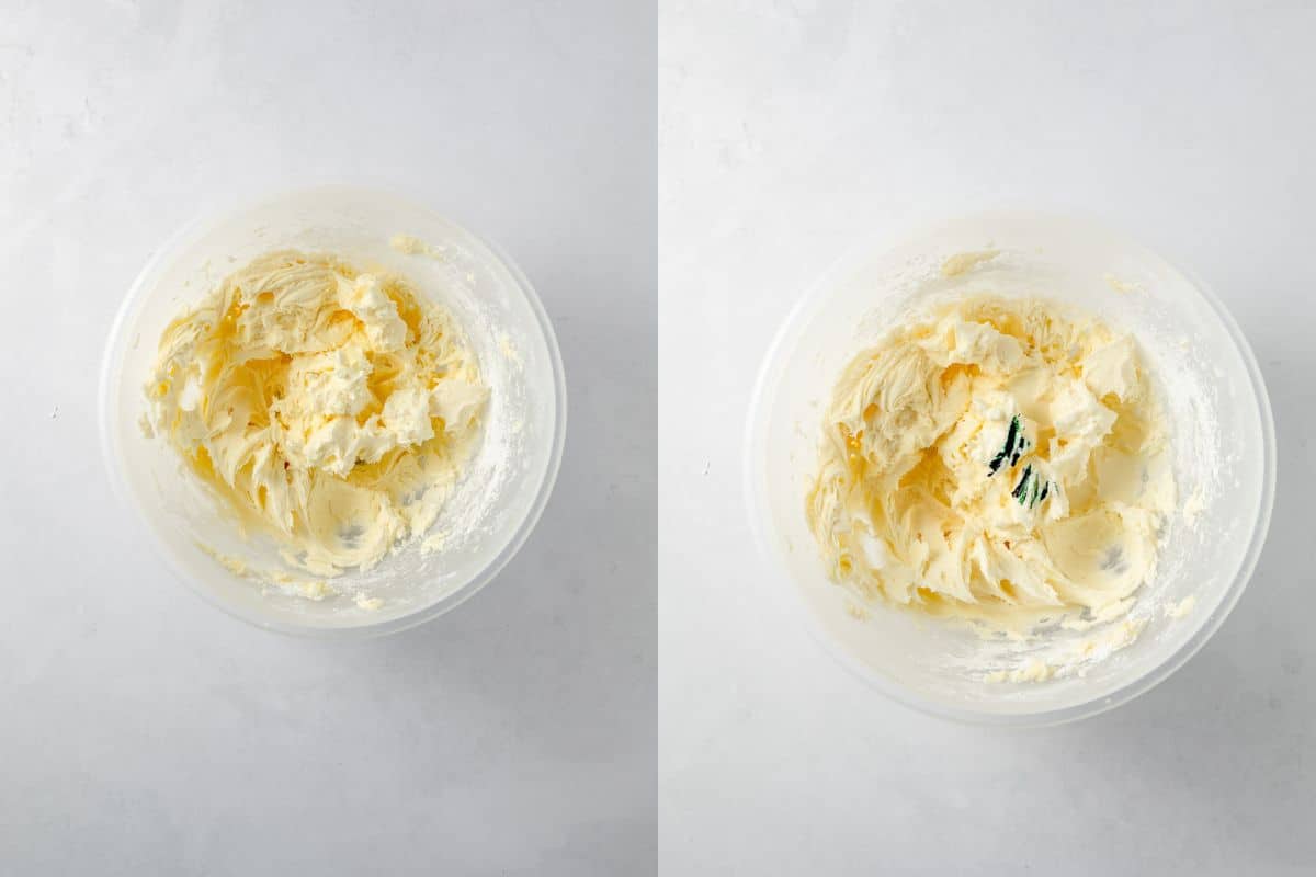 Creamed butter and sugar in a bowl and the same bowl with green food coloring and heavy cream added.