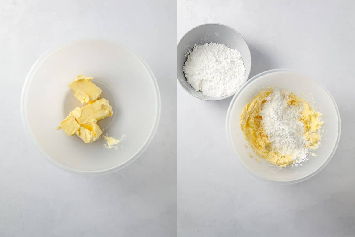 A bowl with softened butter and a bowl with mixed butter and powdered sugar added in.