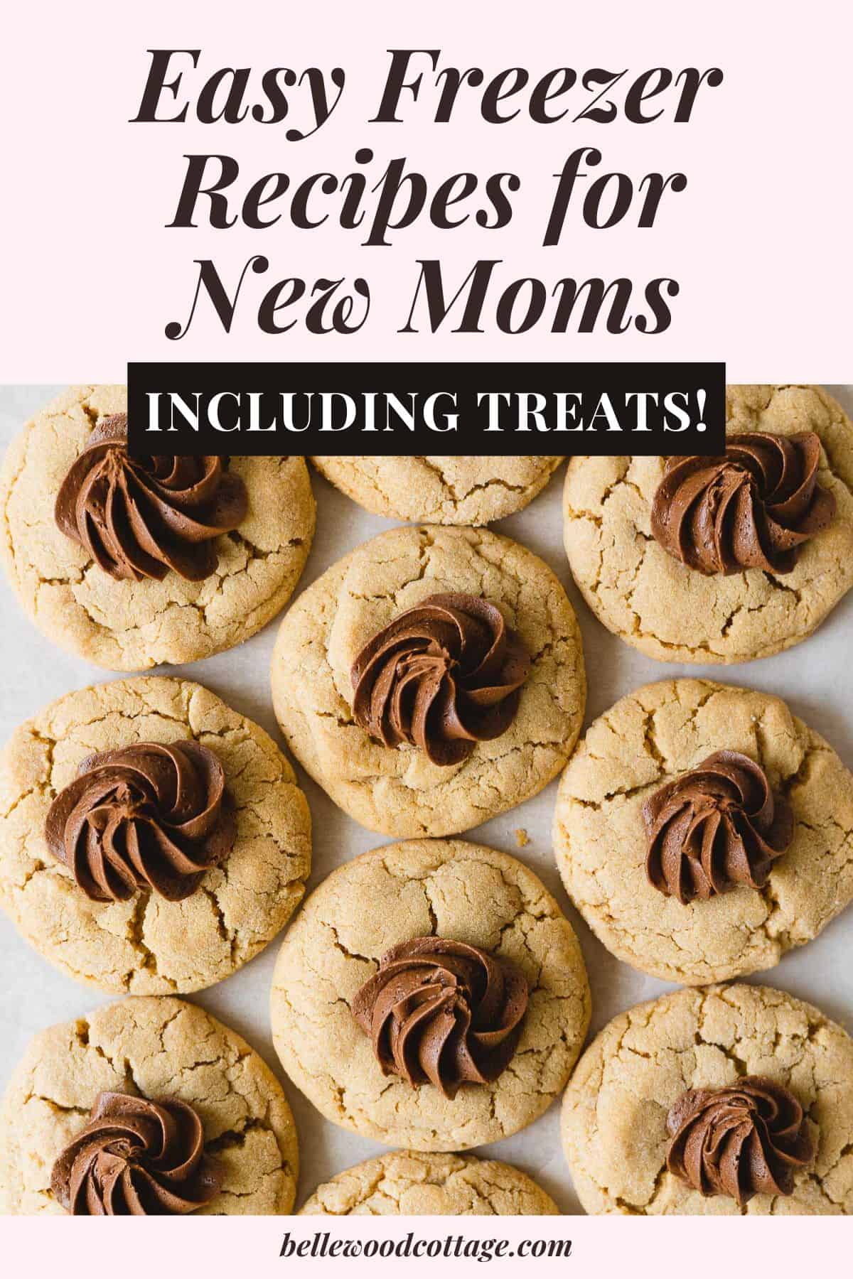 A batch of peanut butter cookies with piped chocolate rosettes in the centers with the words, "Easy Freezer Recipes for New Moms Including Treats!"