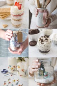 Six different mason jar projects (vases, desserts, Christmas décor) in a collage.