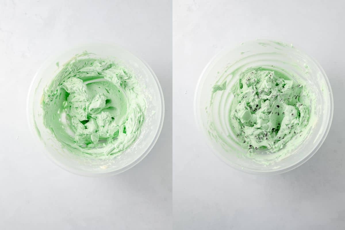 Green frosting in a bowl and green frosting in a bowl with mini chocolate chips added.