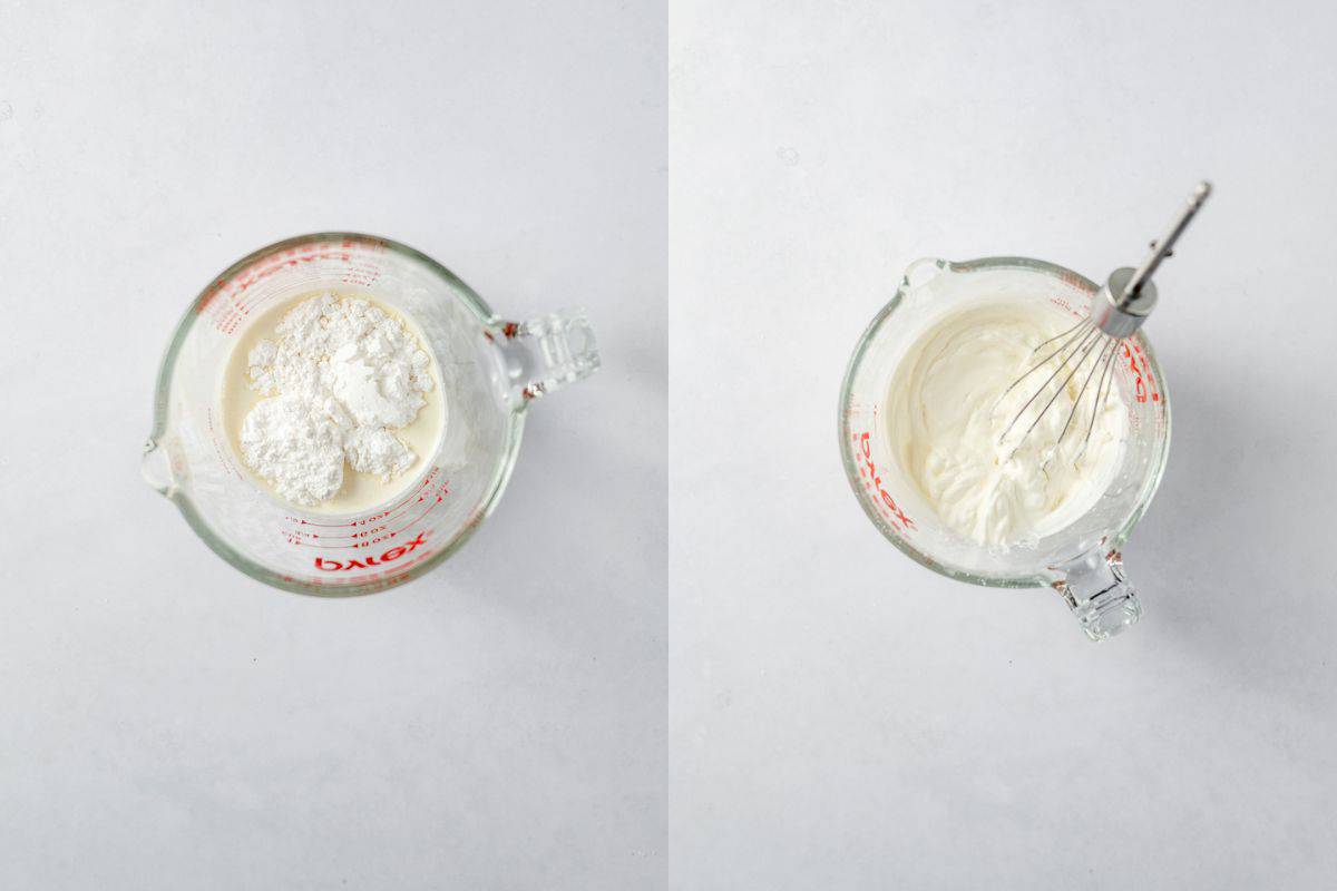 Heavy whipping cream and powdered sugar in a glass measuring cup, and the same glass measuring with the finished whipped cream.