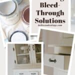 Cans of chalk paint and a white-painted hutch with the words, "Chalk Painting Bleed-Through Solutions."