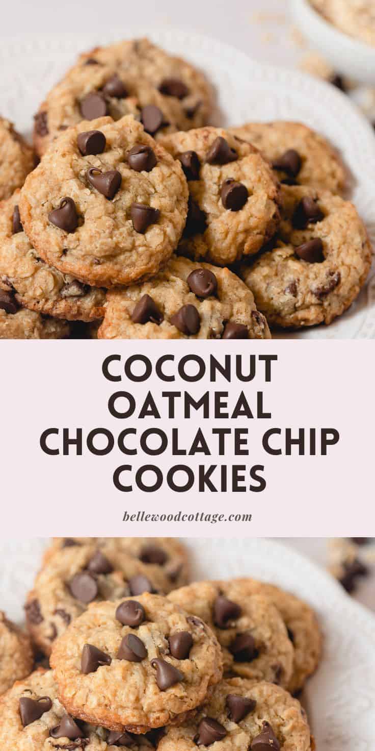 Oatmeal chocolate chip cookies with the words, "Coconut Oatmeal Chocolate Chip Cookies".