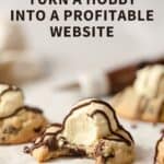 A chocolate chip cookie topped with whipped cream and drizzles of chocolate with a bite removed and the words, "How to Turn a Hobby into a Profitable Website."