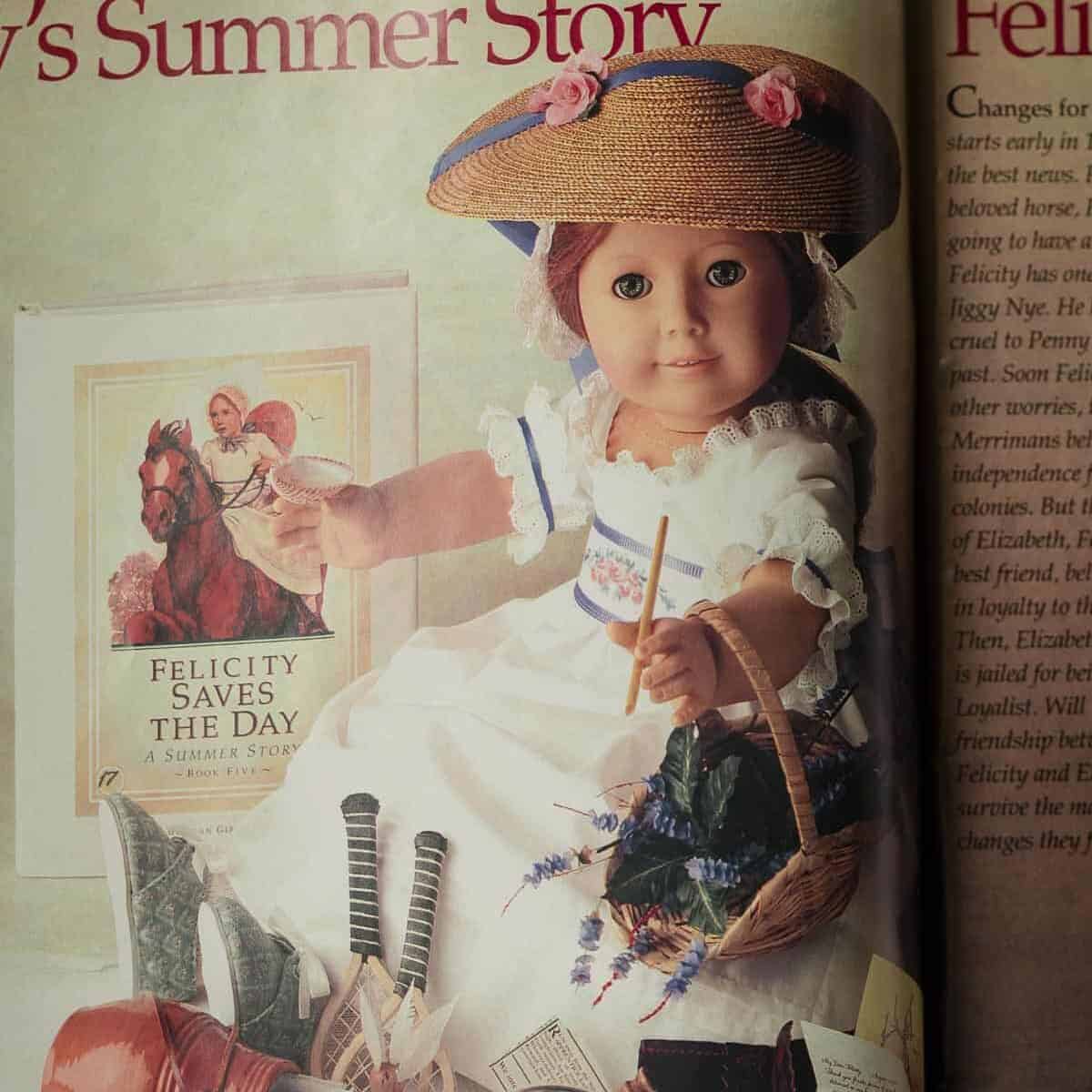 Felicity in her white summer dress in the Pleasant Company catalog page spread.