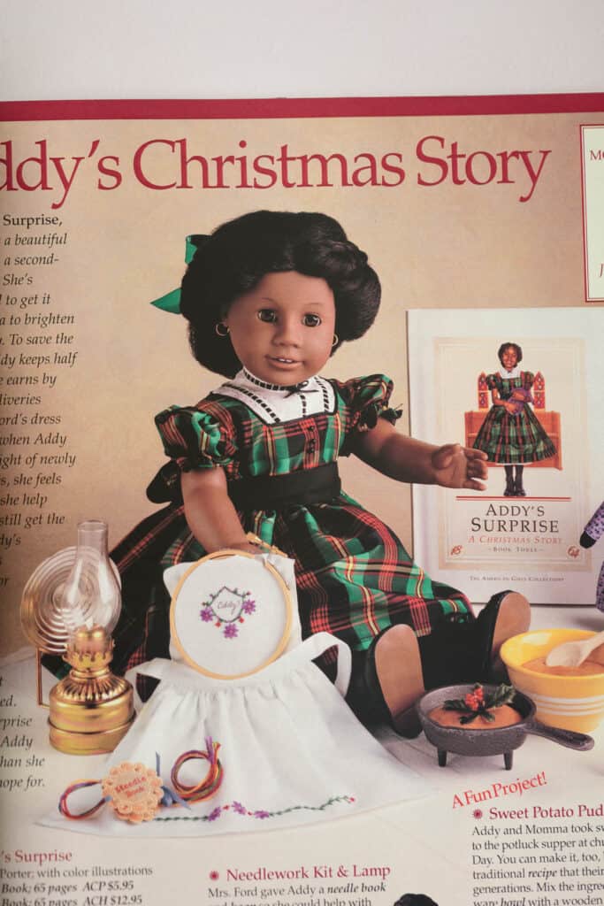 A Pleasant Company catalog page with Addy in her green plaid taffeta Christmas dress.
