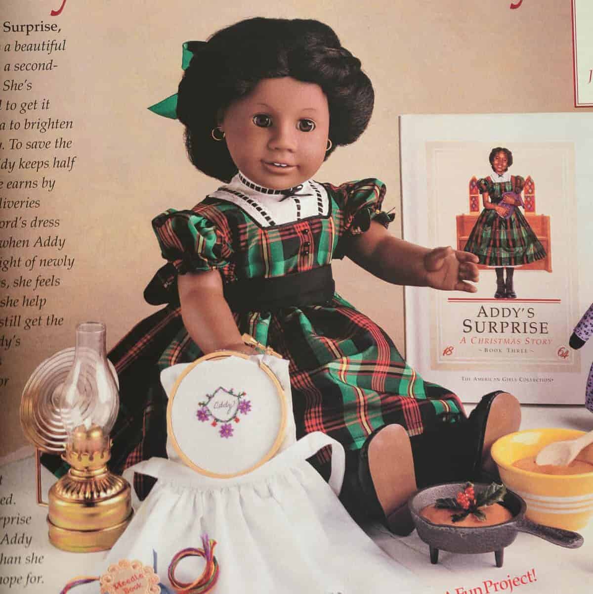 A Pleasant Company catalog page with Addy in her green plaid taffeta Christmas dress.